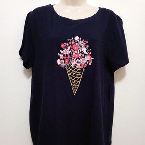 NWT Loft Floral Gold Cone Navy Tee 100% Cotton